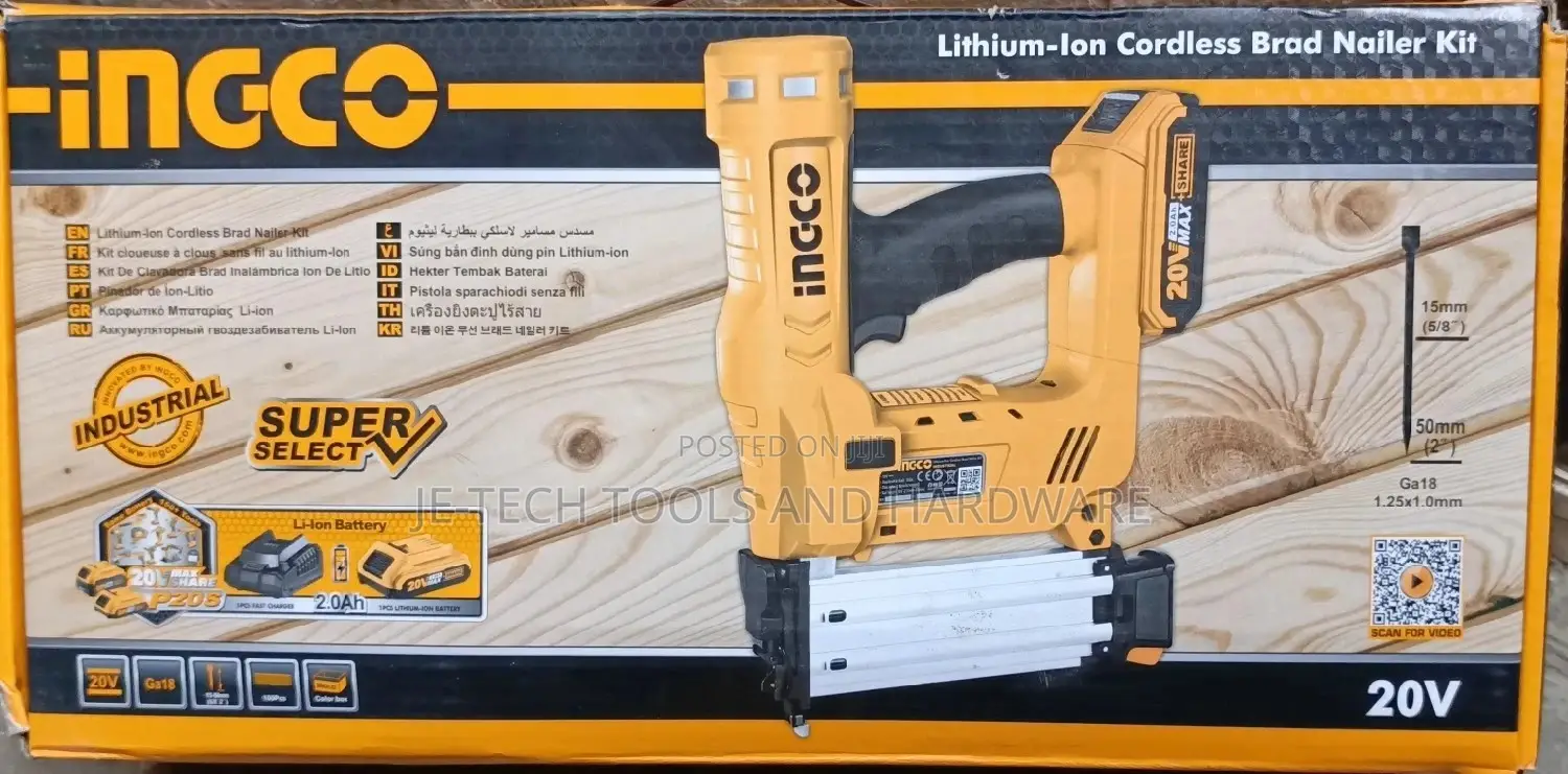 20V Ingco Cordless Brad Nailer Kit - 2X Battery and Charger
