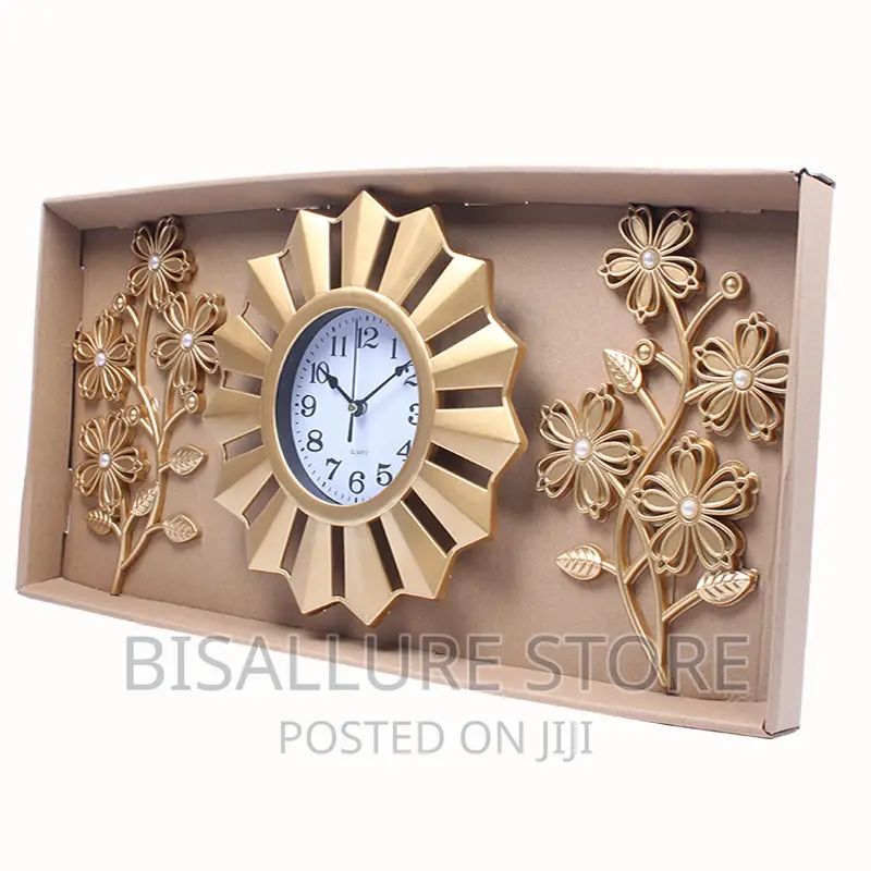 3 In 1 Gold Wall Clock With Decorative Flower