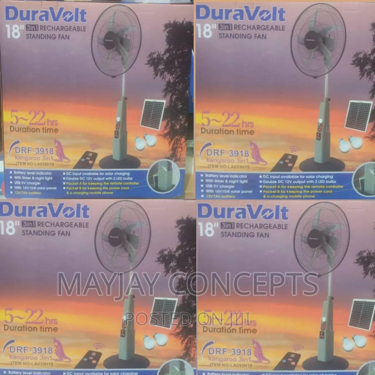 Duravolt 18inches 3-in-1 Solar Rechargeable Fan-2 Led Bulbs