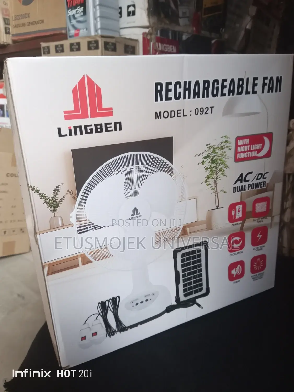 Solar Powered Rechargeable Fan, Solar Panel Extra 3 Bulbs