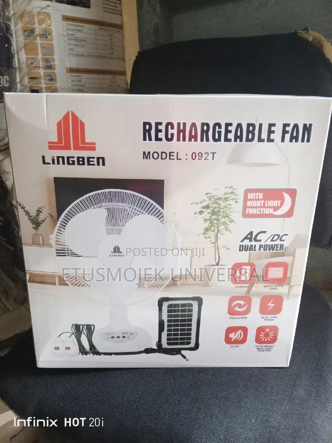 Solar Powered Rechargeable Fan, Solar Panel Extra 3 Bulbs