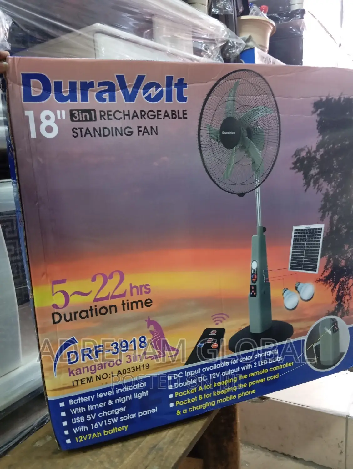 Duravolt 18" Rechargeable Standing Fan With Bulb Solar Panel