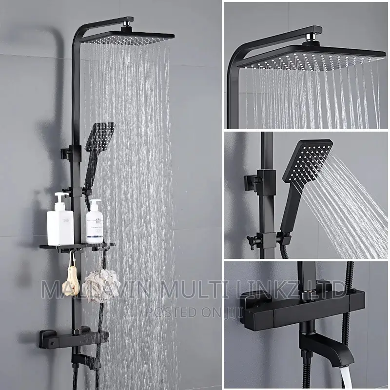 Matte Black Thermostatic Shower Set With Storage Shelf