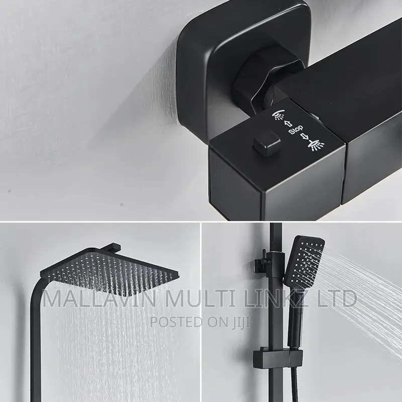Matte Black Thermostatic Shower Set With Storage Shelf