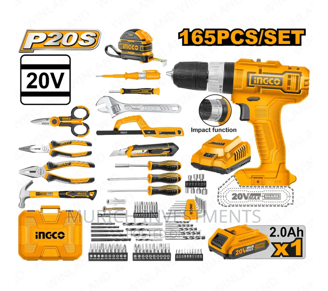 Lithium-Ion Impact Drill W/165pcs Tools Set Accessories