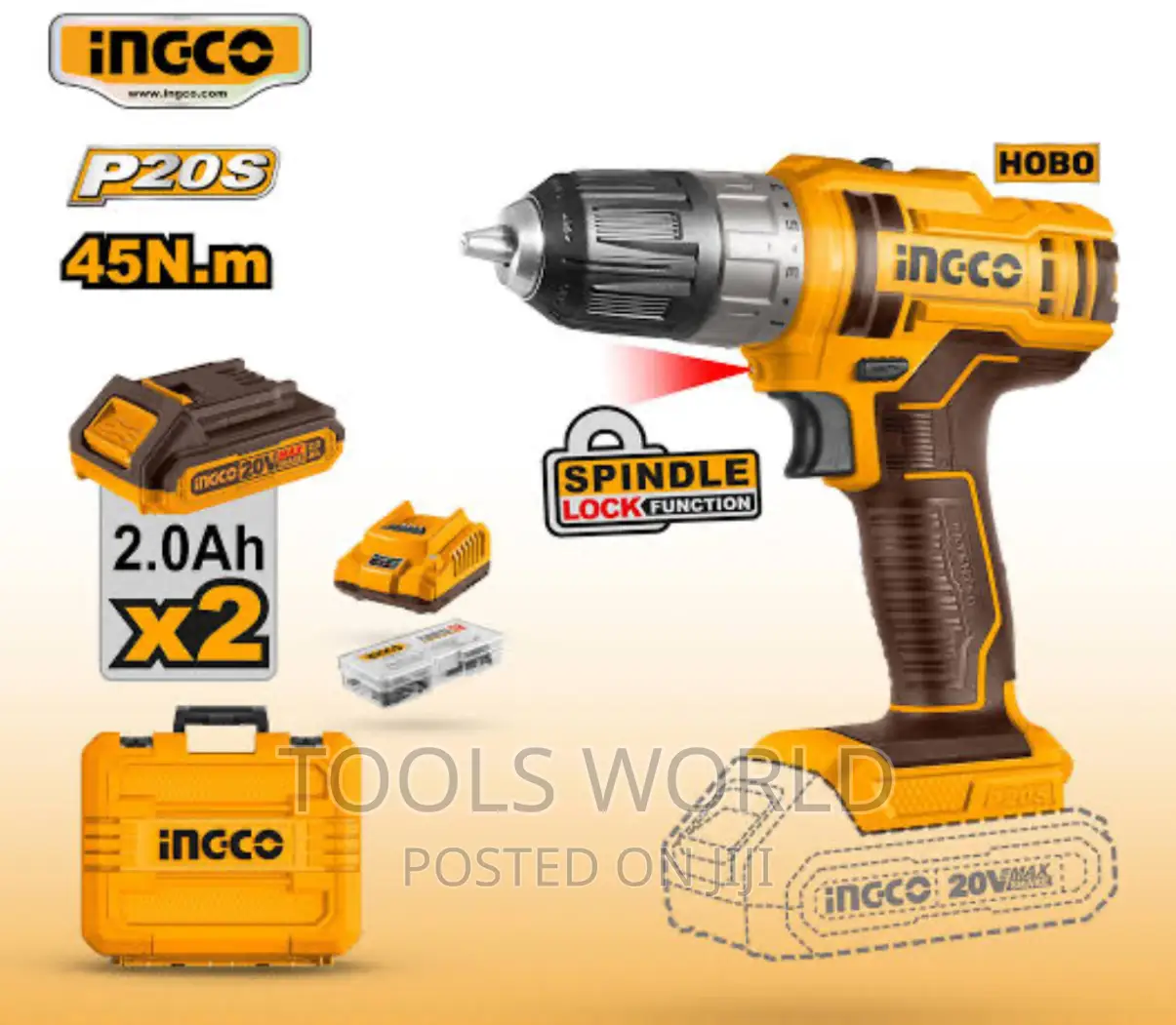 Ingco 20V Cordless Drill 45nm + 2.0ah Batteries, Charger