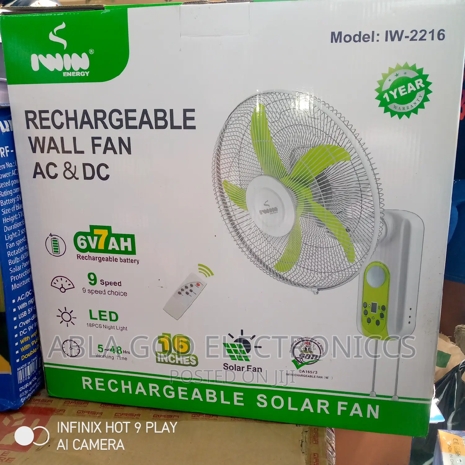 Iwin 16 Inches Rechargeable Wall Fan With USB