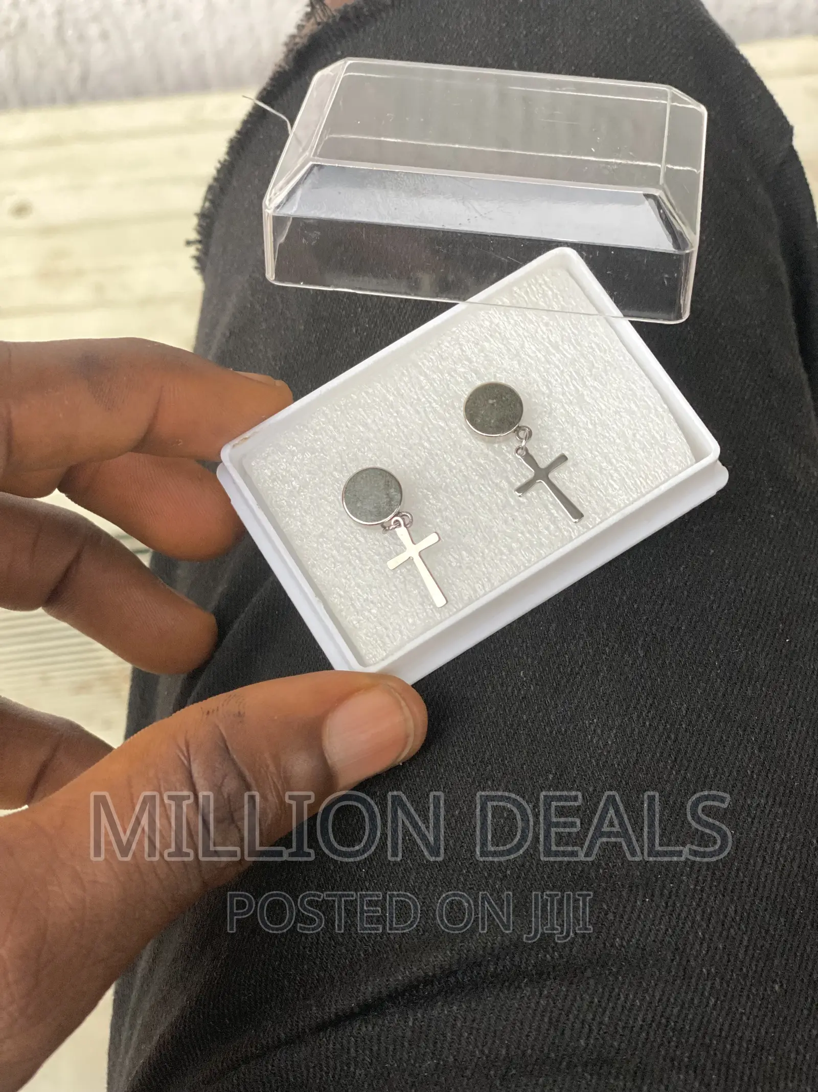 Magnetic Polished Stainless Steel Drop Cross Men’S Earring