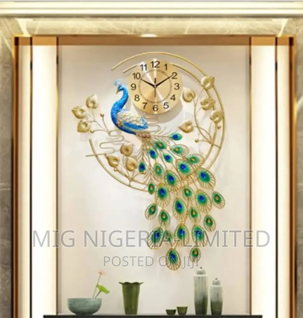 Peacock Wall Clock Design With Torch Blue Gold Decor