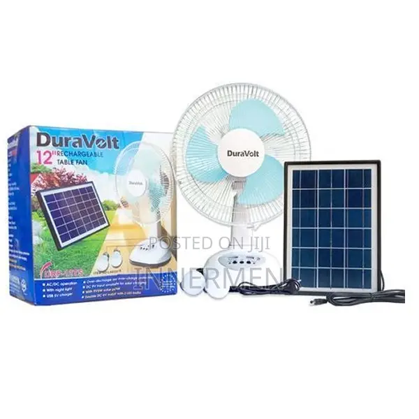 Duravolt 12" Rechargeable Table Fan With Solar Panel/2 Bulbs