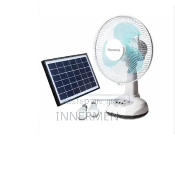 Duravolt 12" Rechargeable Table Fan With Solar Panel/2 Bulbs
