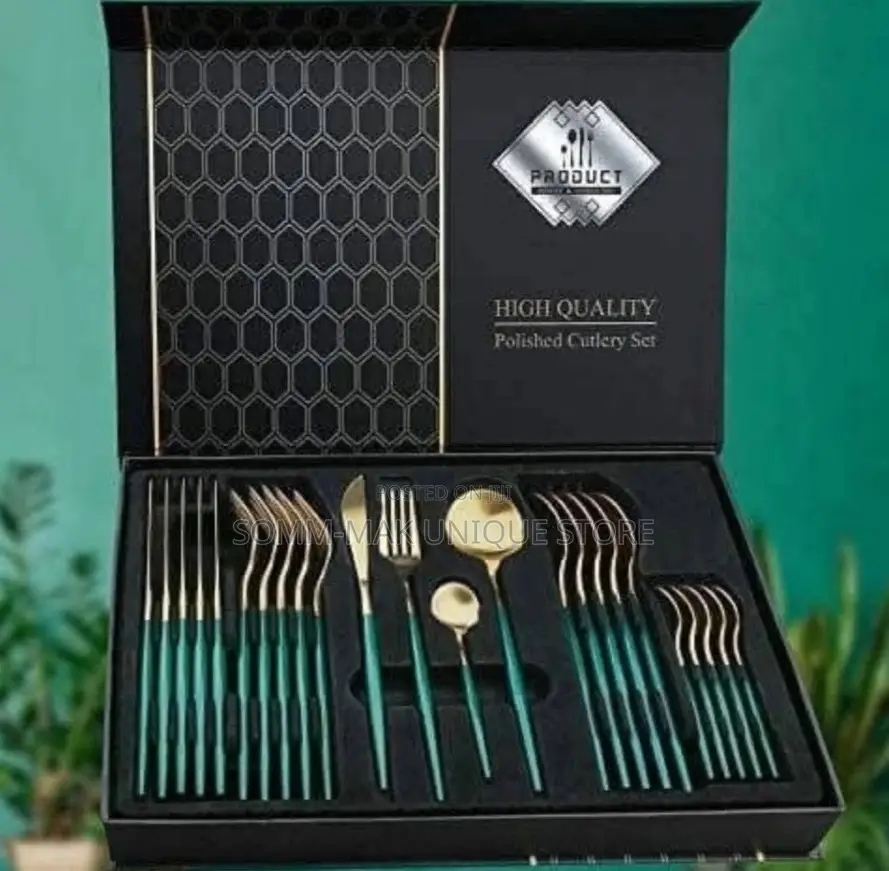 Polished Cutlery Set With Box - 24piece - Gold