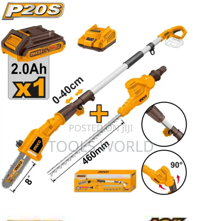 INGCO 20V Lithium-Ion Pole Saw With Pole Hedge Trimmer CPTS2