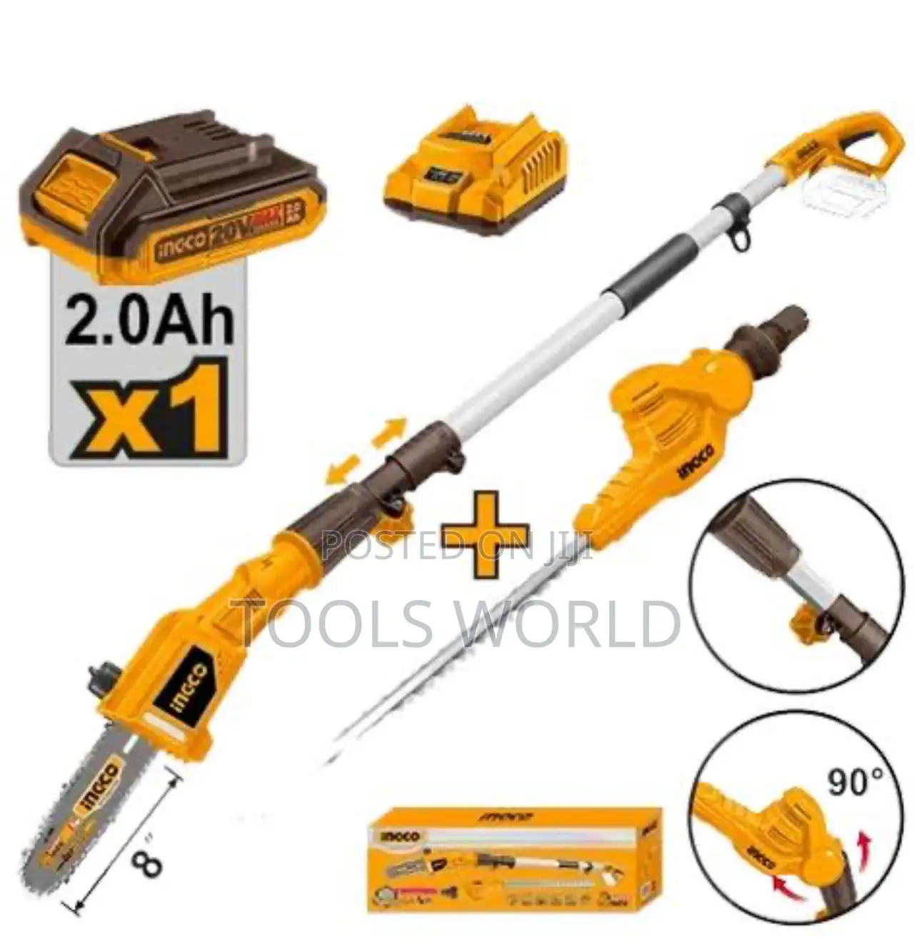 INGCO 20V Lithium-Ion Pole Saw With Pole Hedge Trimmer CPTS2