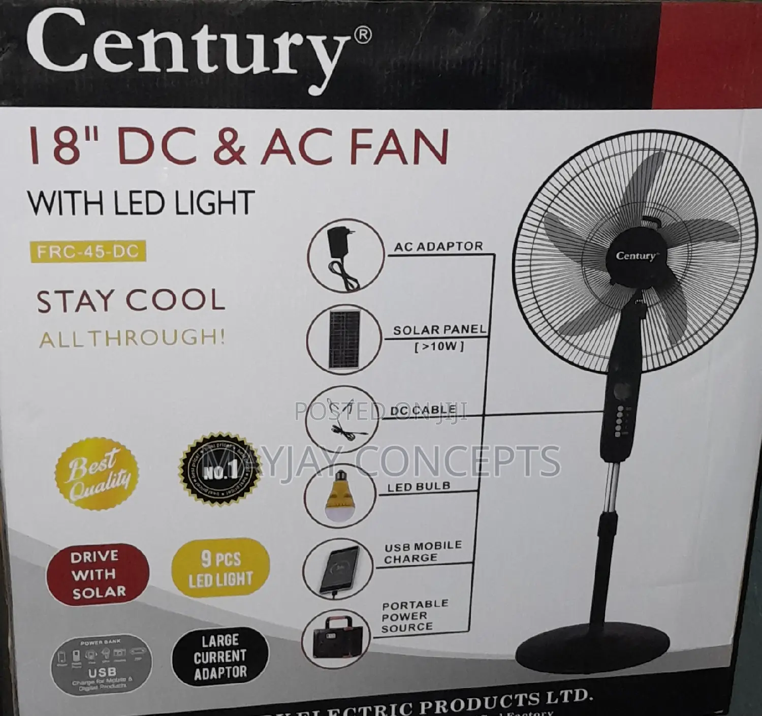 18" 3-in-1 Century Ac/Dc Solar Standing Fan With Led Light