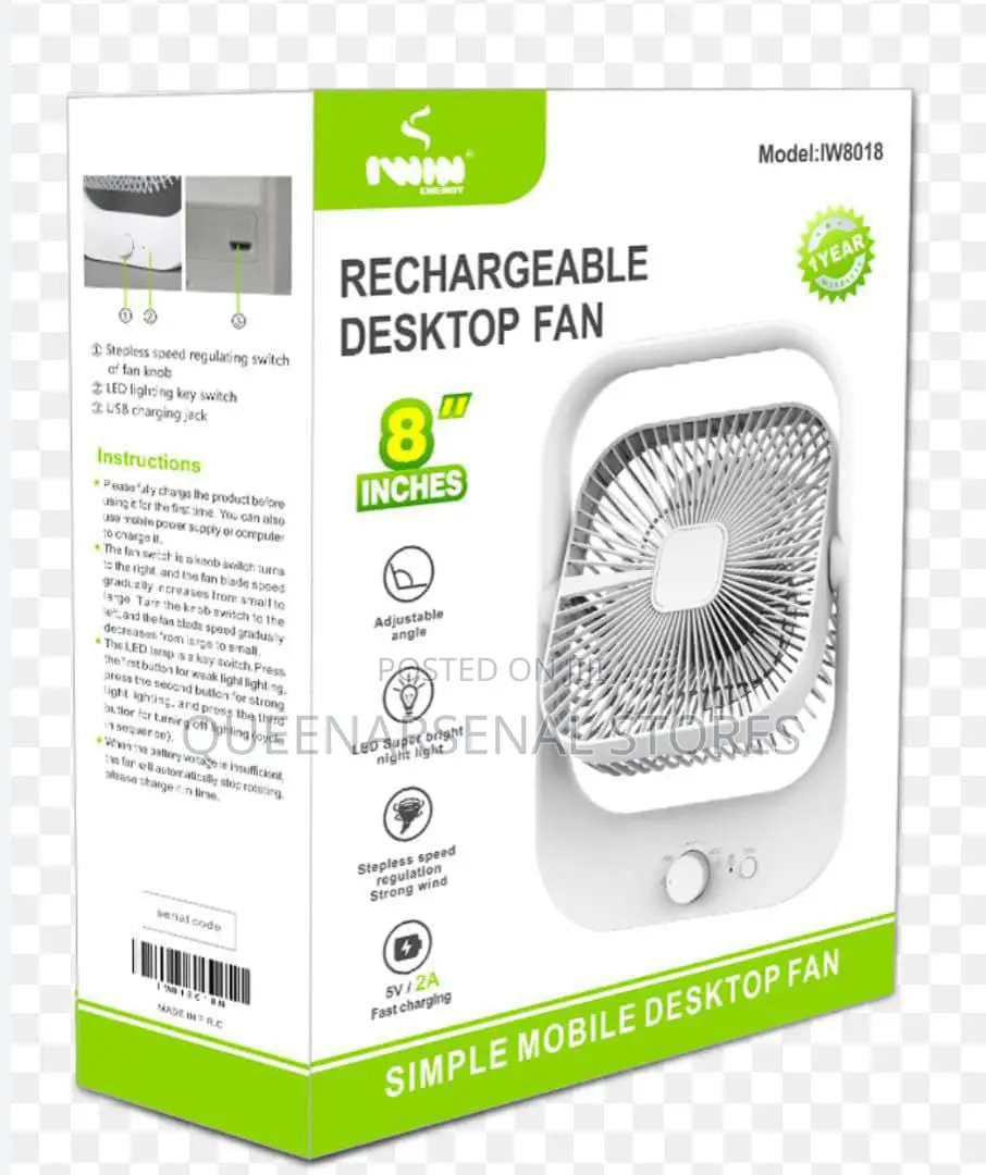 8" Rechargeable Fan With Ledlight