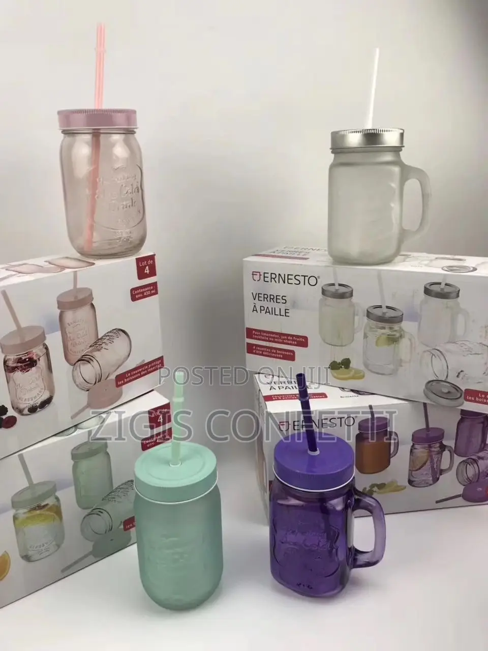 Set of 4 Glass Smoothie Cups With 8 Straws - 450ml