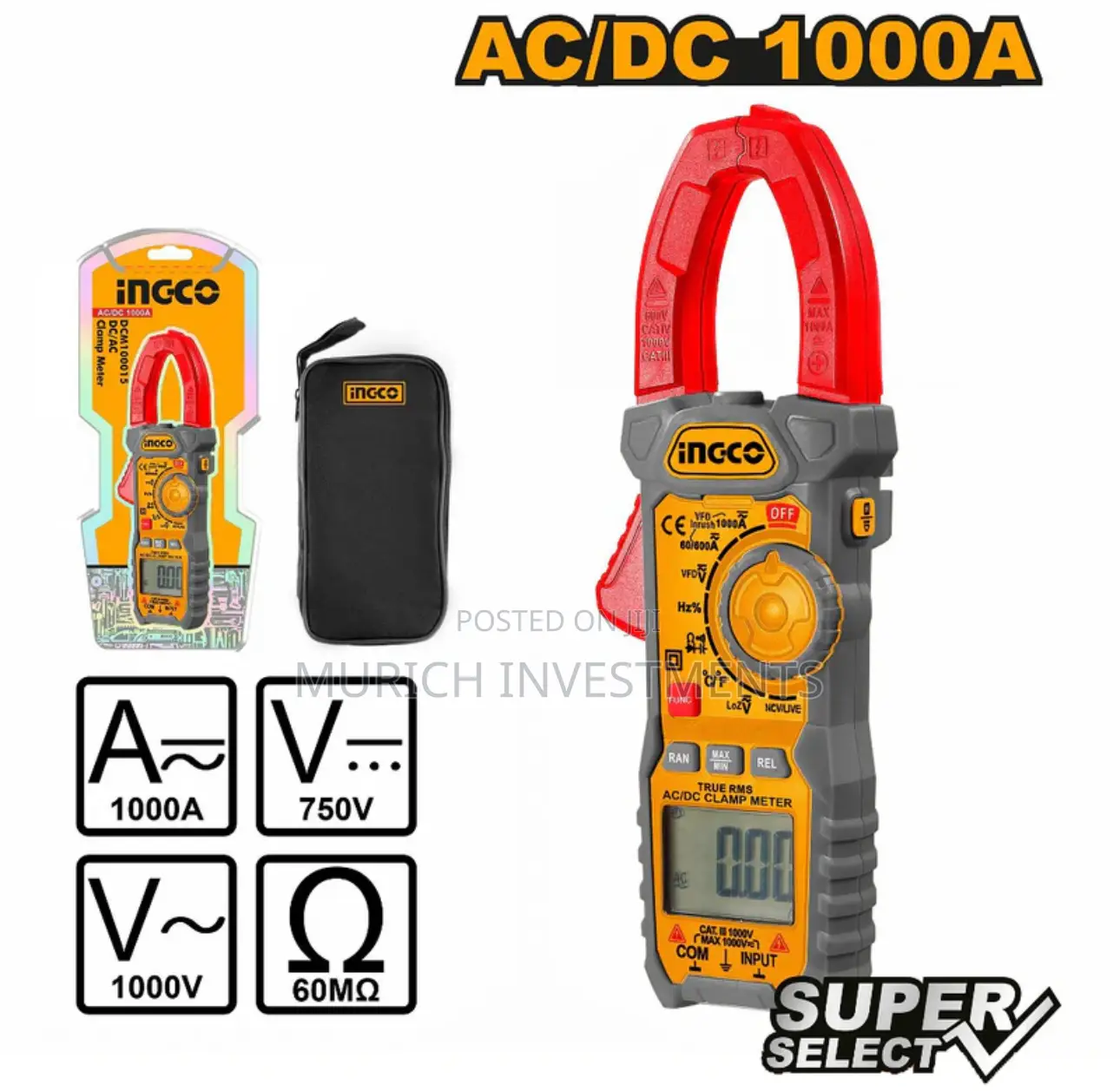 Ingco 1000a Digital Ac/Dc Clamp Meter, True RMS 6000 Counts