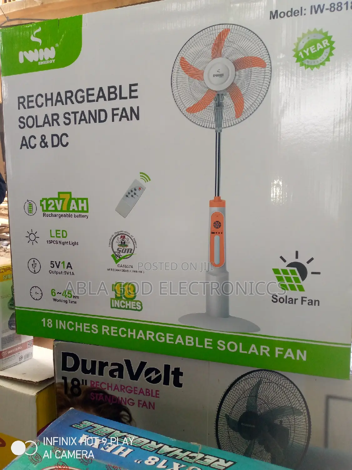 Iwin 18 Inches Energy Rechargeable Solar Standing Fan AC DC.