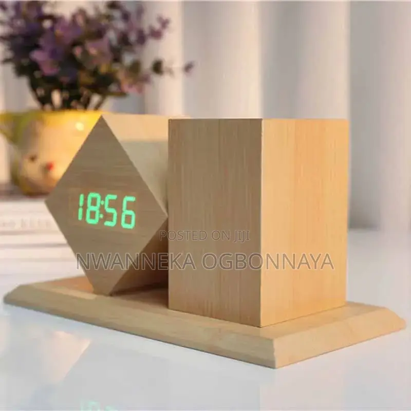 Wooden Electronic Clock and Pen Holder