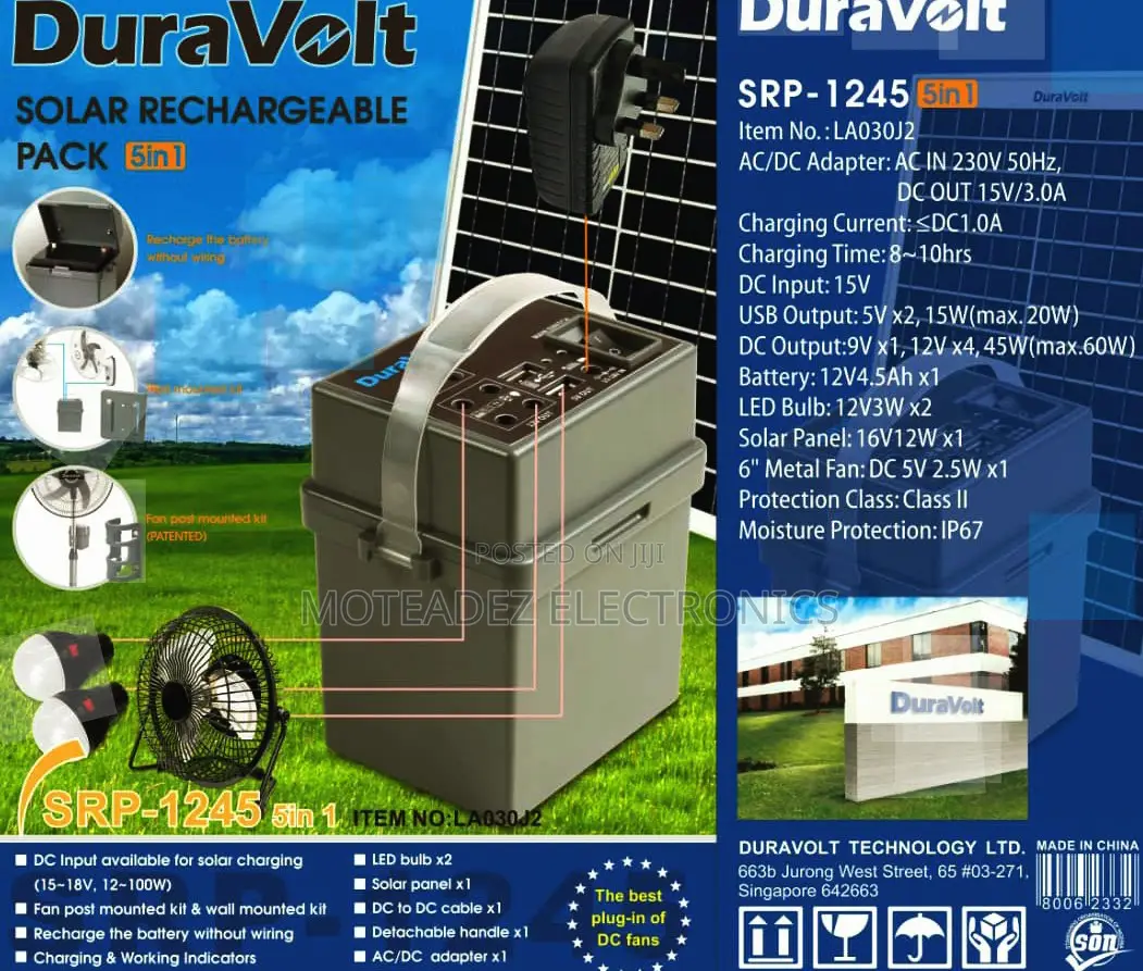 Duravolt 5in1 Solar Rechargeable Battery With Fan/2 Bulbs/Solar Panel