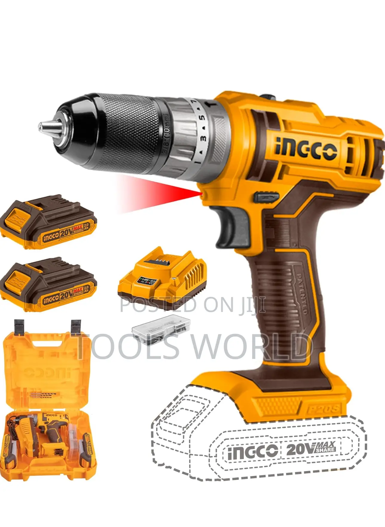 INGCO 54pcs Impact Drill Machine Kit 20V Lithium-Ion Impact