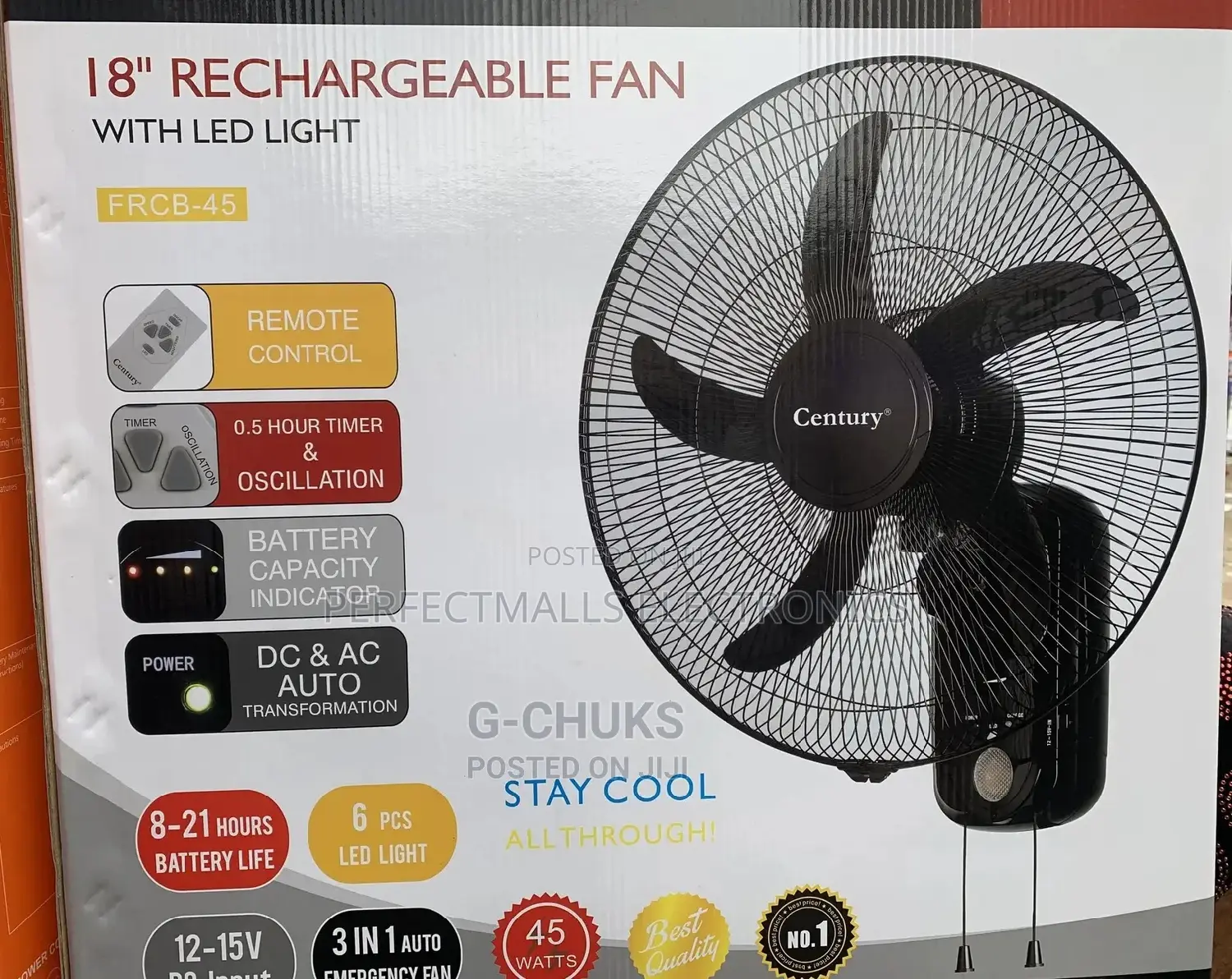 Century 18" Wall Rechargeable Fan