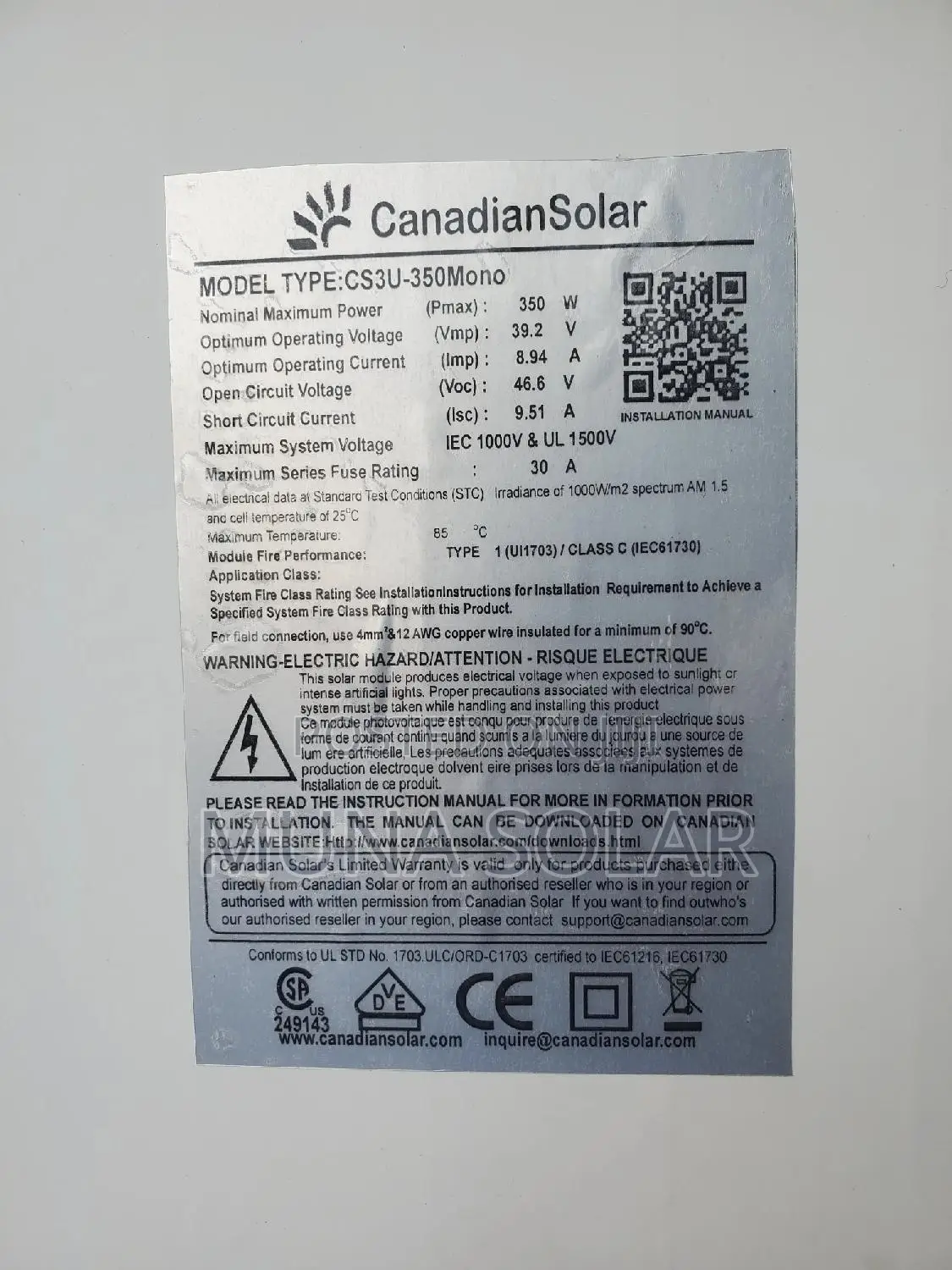 350watts 60cells All Black Canadian Panel