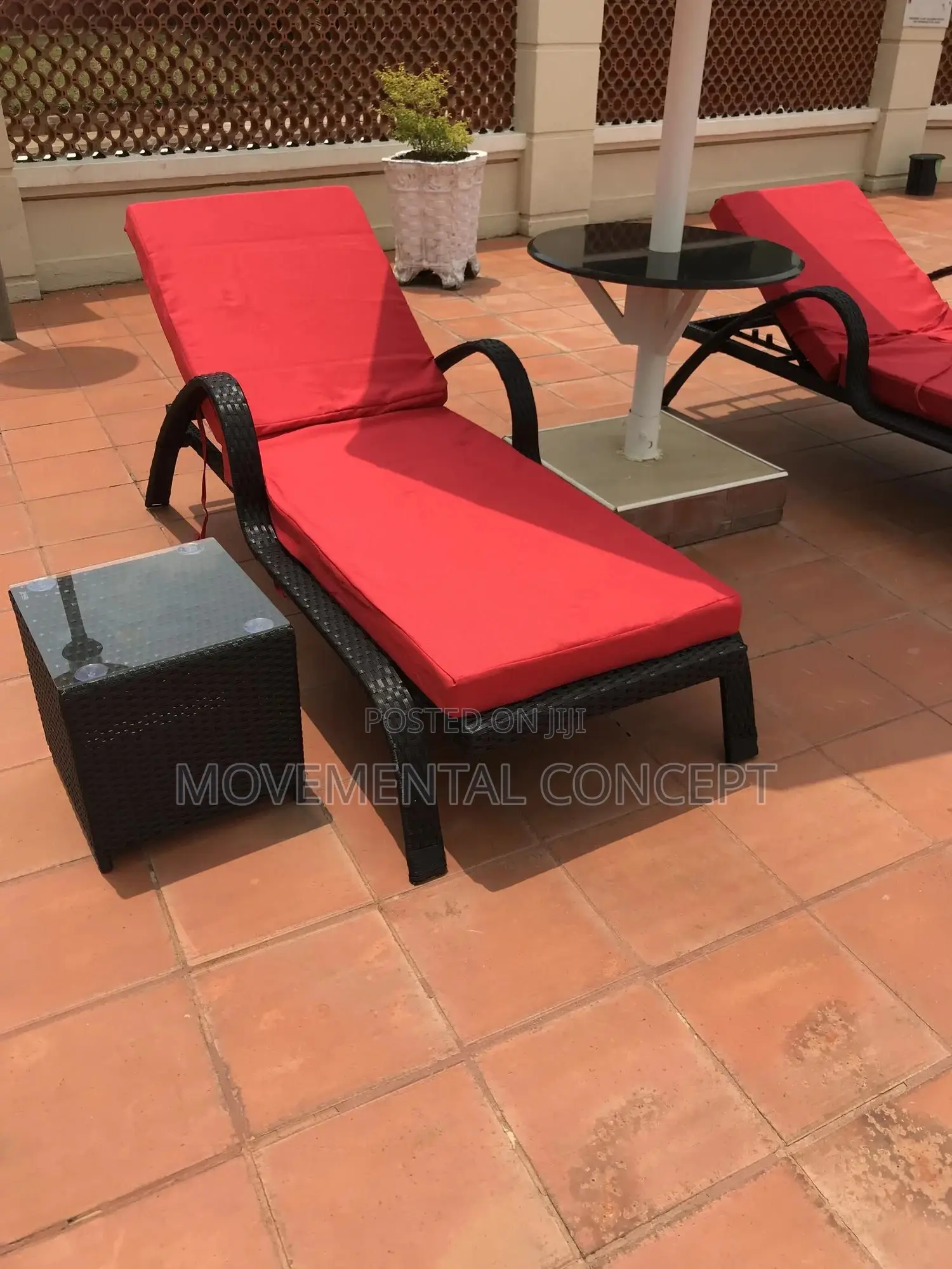 Red Sun Loungers and Side Table