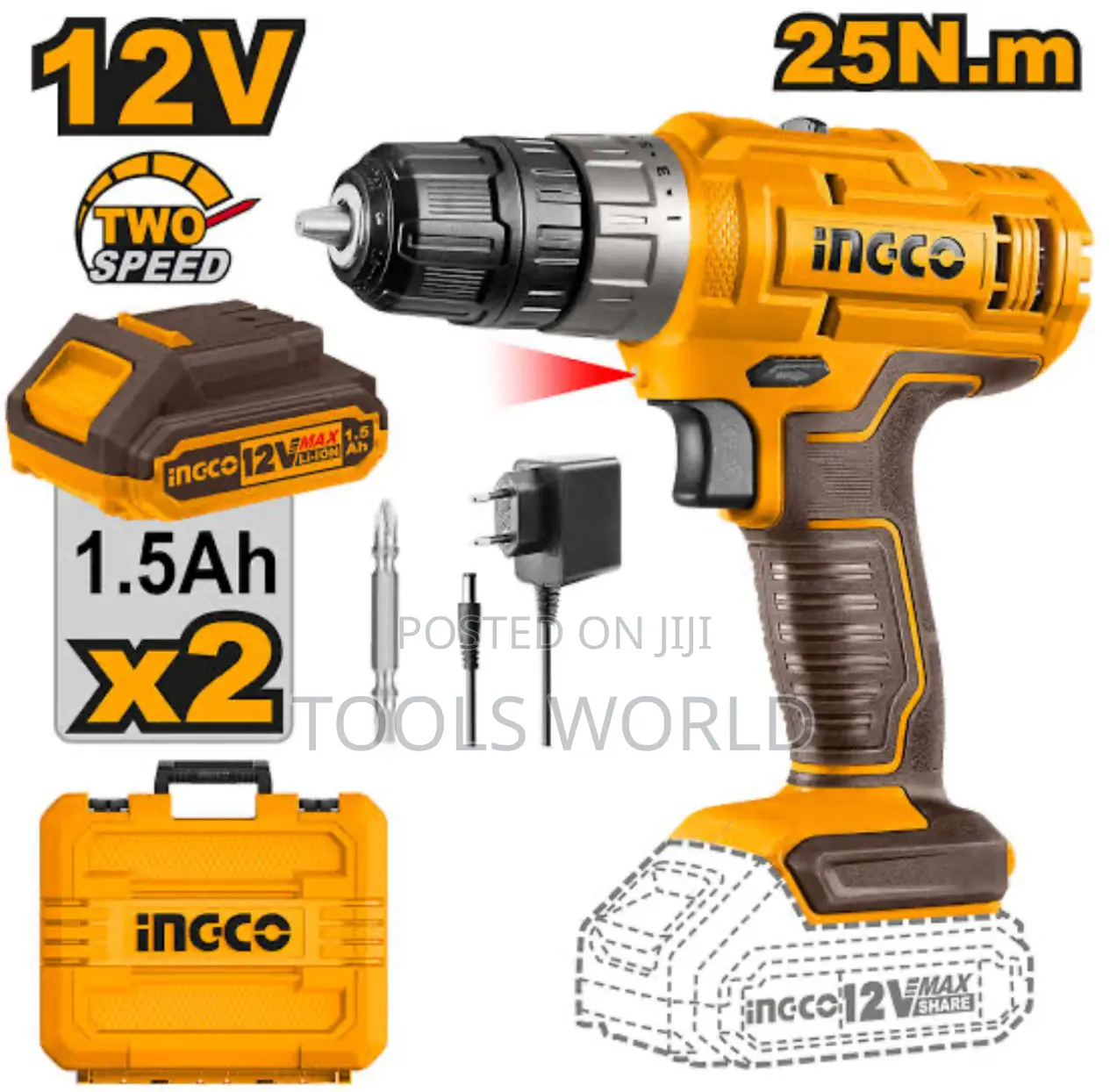 Ingco Cordless Hammer Impact Drill 12v With Two Batteries