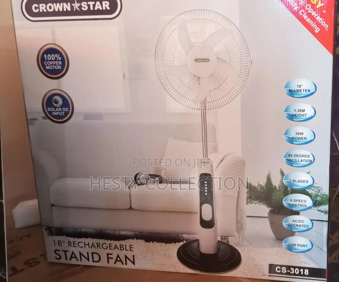 16” 18” Rechargeable Standing Fan Crownstar With Solar Panel
