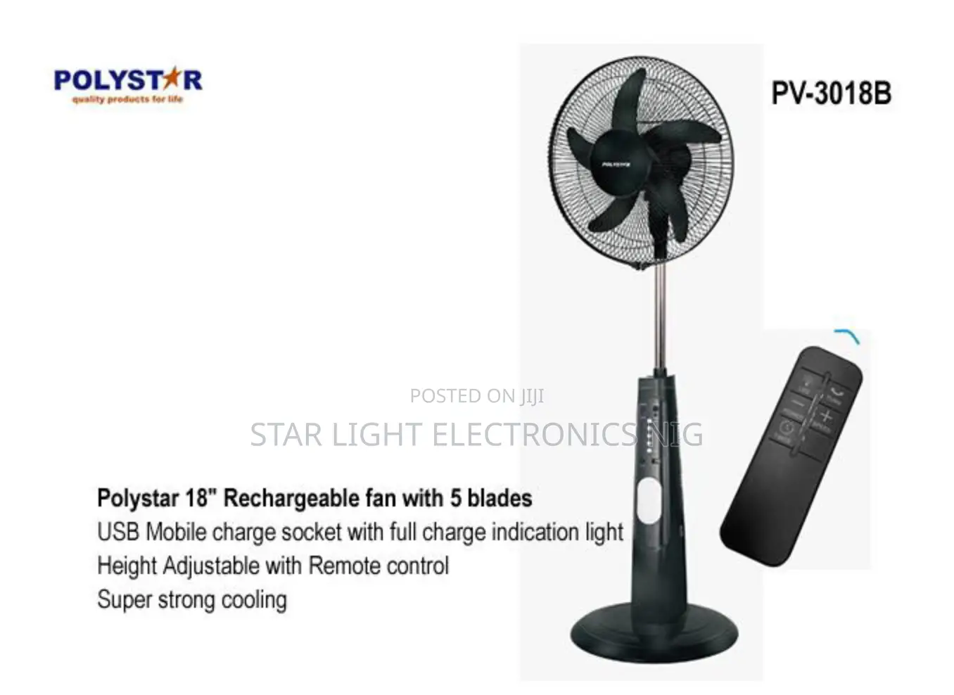 18 Inches Rechargeable Fan Polystar