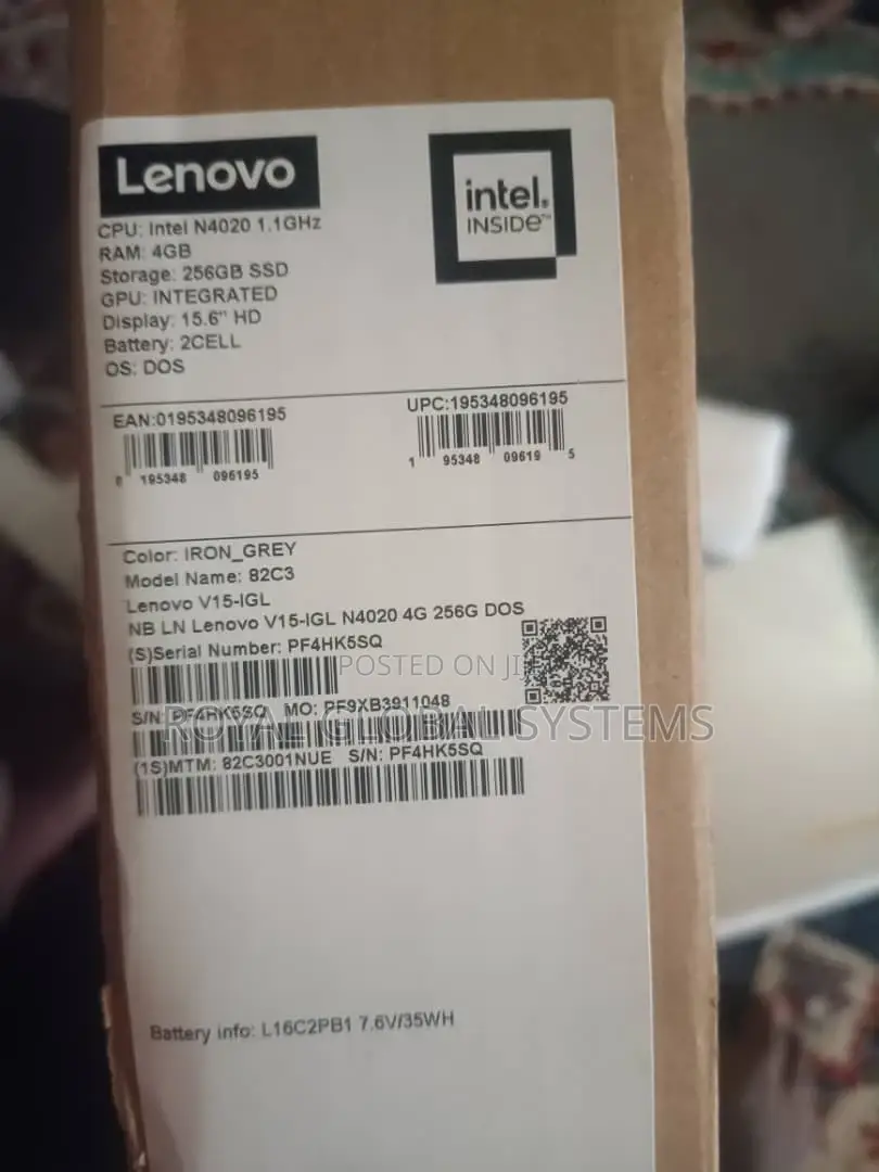 New Laptop Lenovo V15 4GB Intel Core i3 SSD 256GB