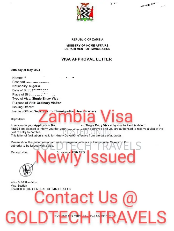 Zambia Tourist/Visit Visa Package Available