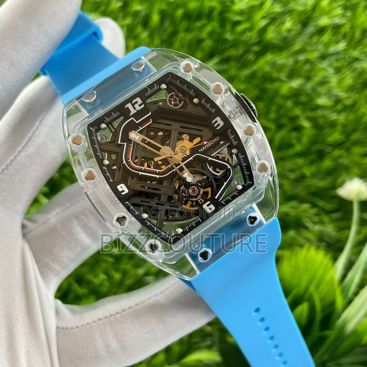 Original Hanboro Mechanical Skeletal Blue Rubber Strap Watch