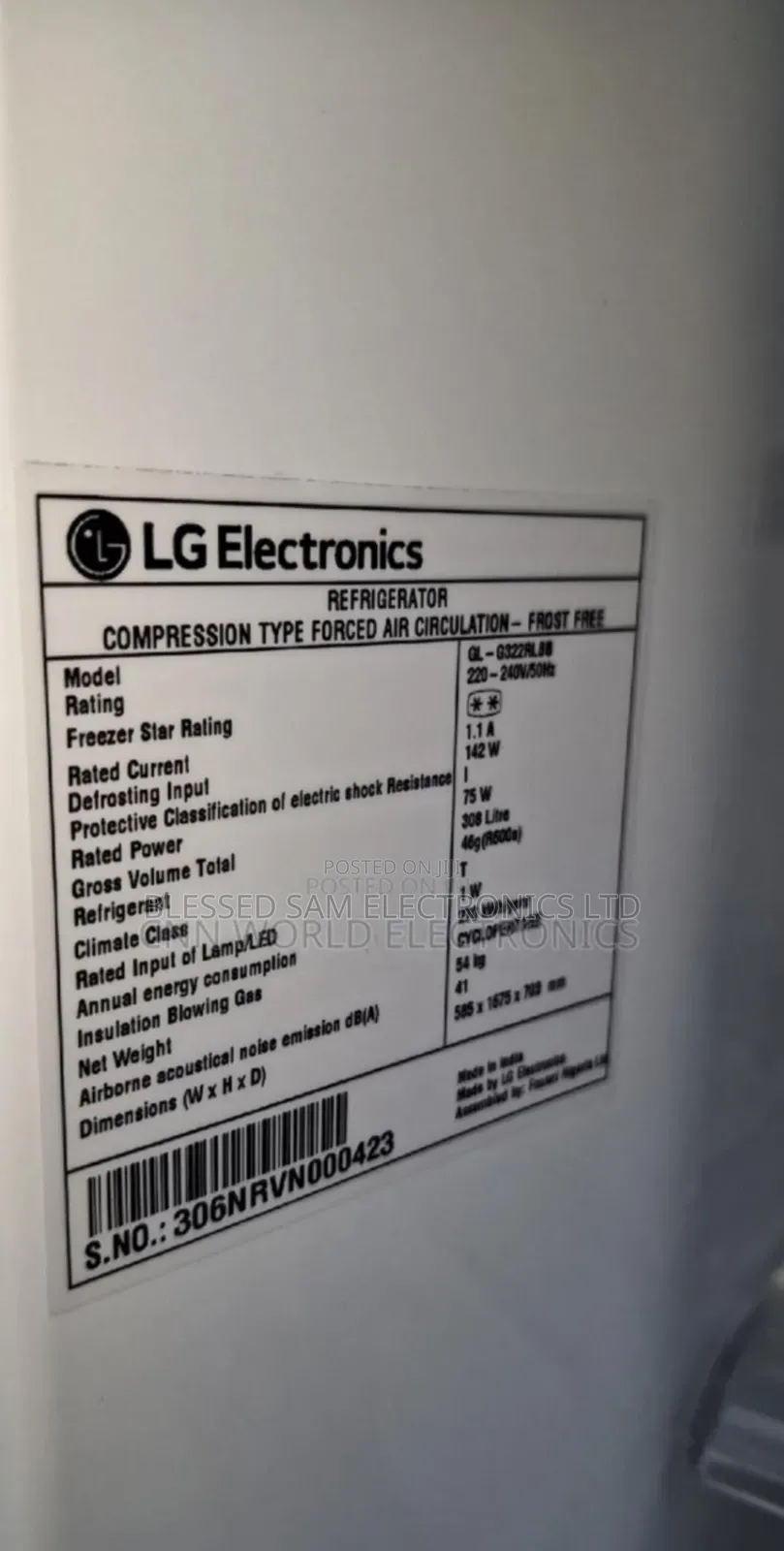 Original>LG Inverter Fridge 308L Double Door> Ice Maker>75w