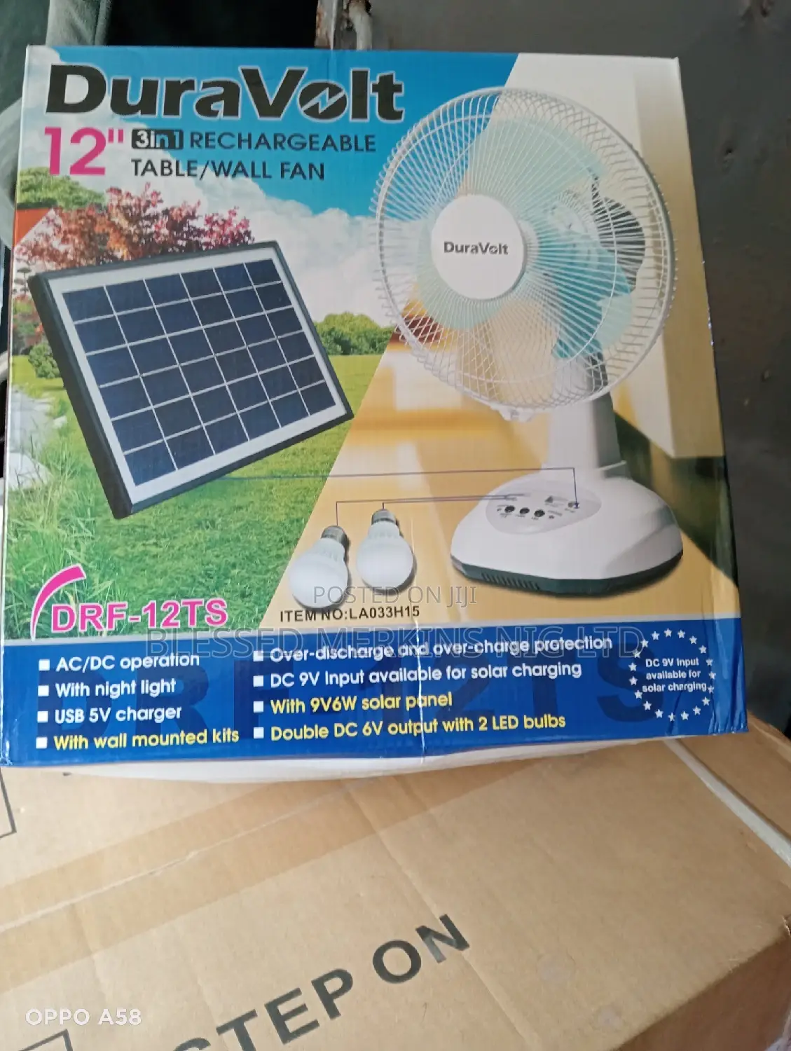 Duravolt Rechargeable Table Fan 12" With Solar Panel