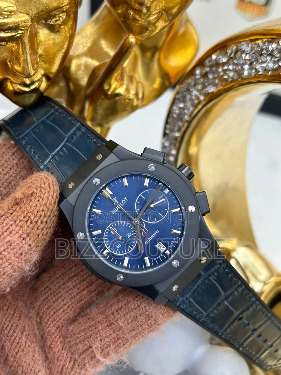 Original Hublot Chronograph Blue Dail Black Leather Watch