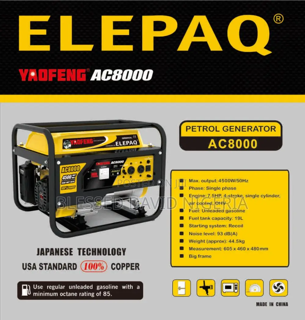 Elepaq Yoafeng AC8000, 4.3kva (3500w) Manual Generator