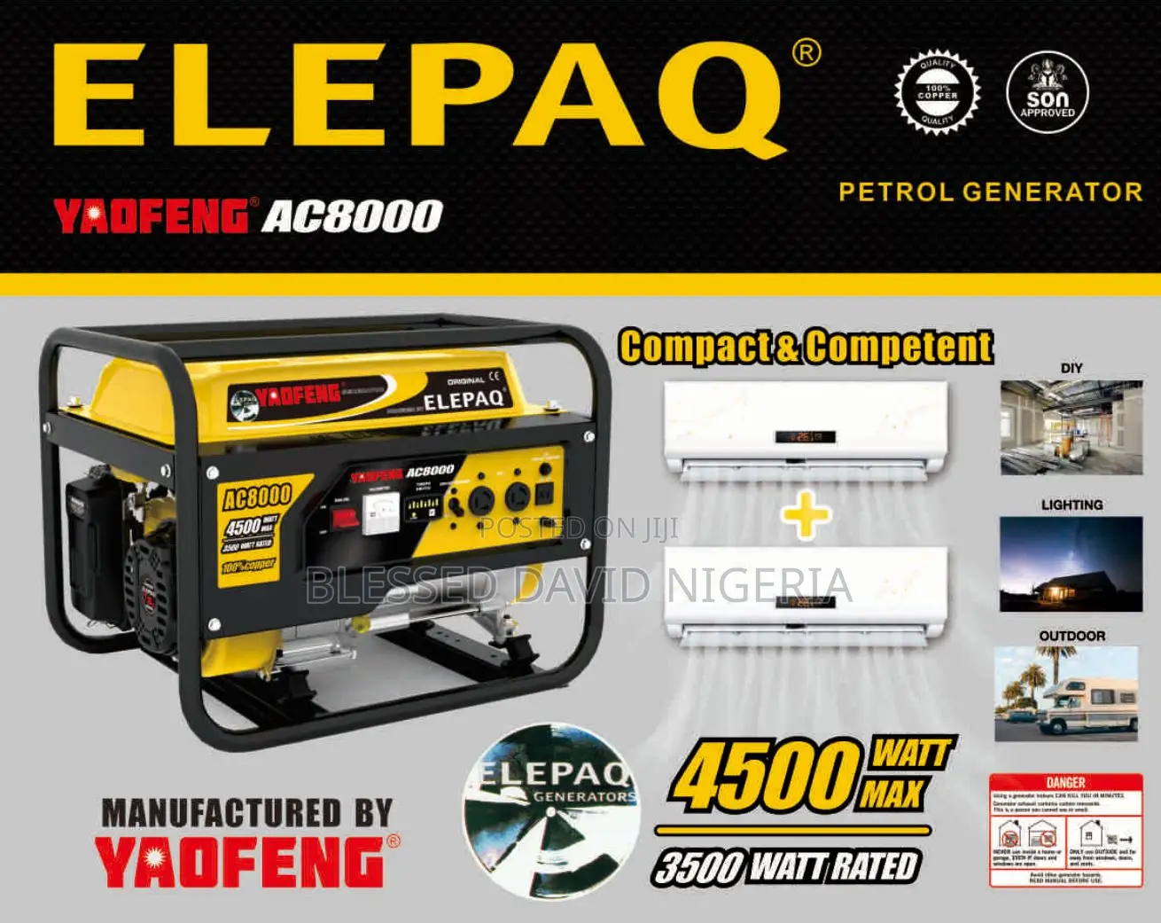 Elepaq Yoafeng AC8000, 4.3kva (3500w) Manual Generator