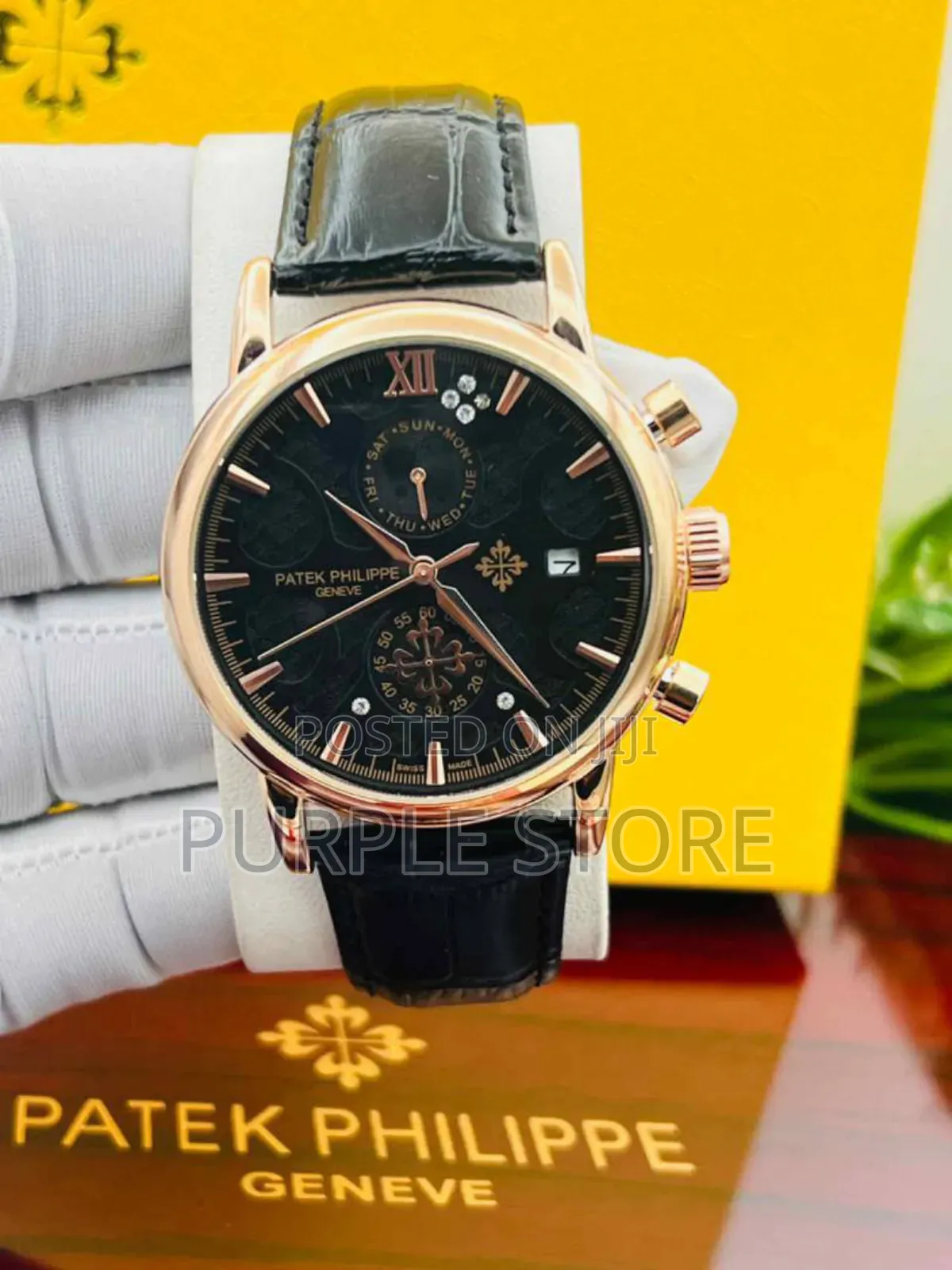 Patek Philippe Chronograph Black Leather Wristwatch