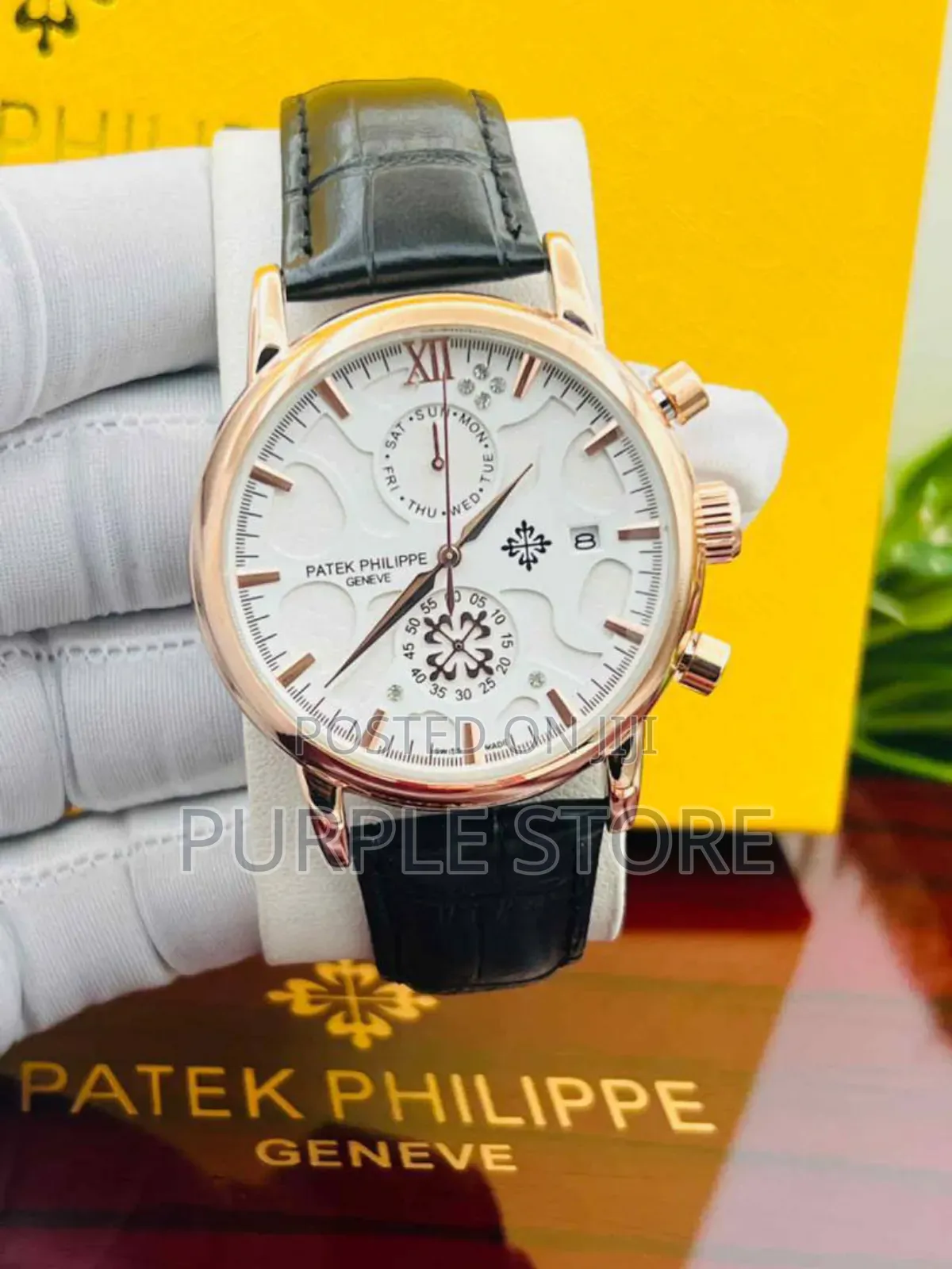 Patek Philippe Chronograph Black Leather Wristwatch