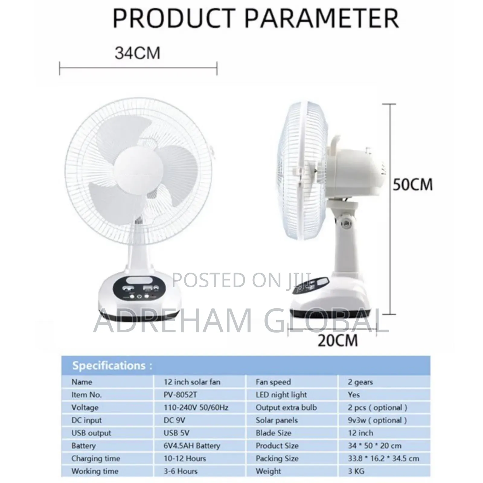 12inches Solar Electric/Rechargeable Fan With Solar Panel