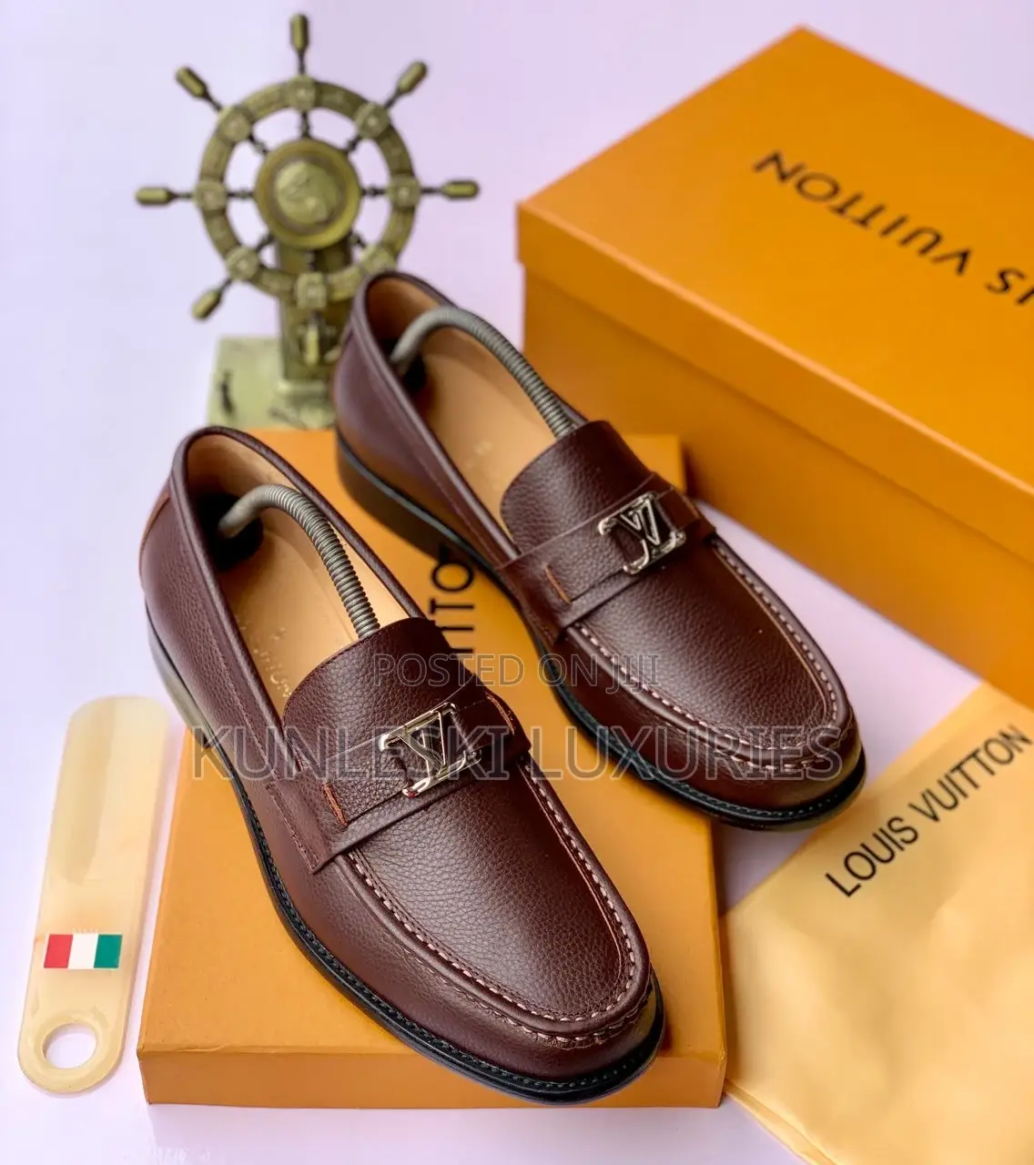 Original Louis Vuitton Men Brown Loafers Leather Shoe
