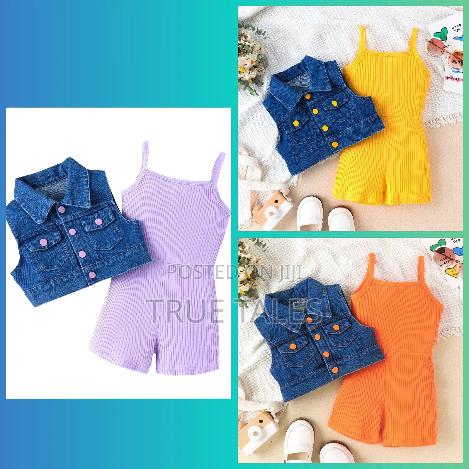 Girl's Turkey Colourful Short Dungarees And Jeans Jacket Set
