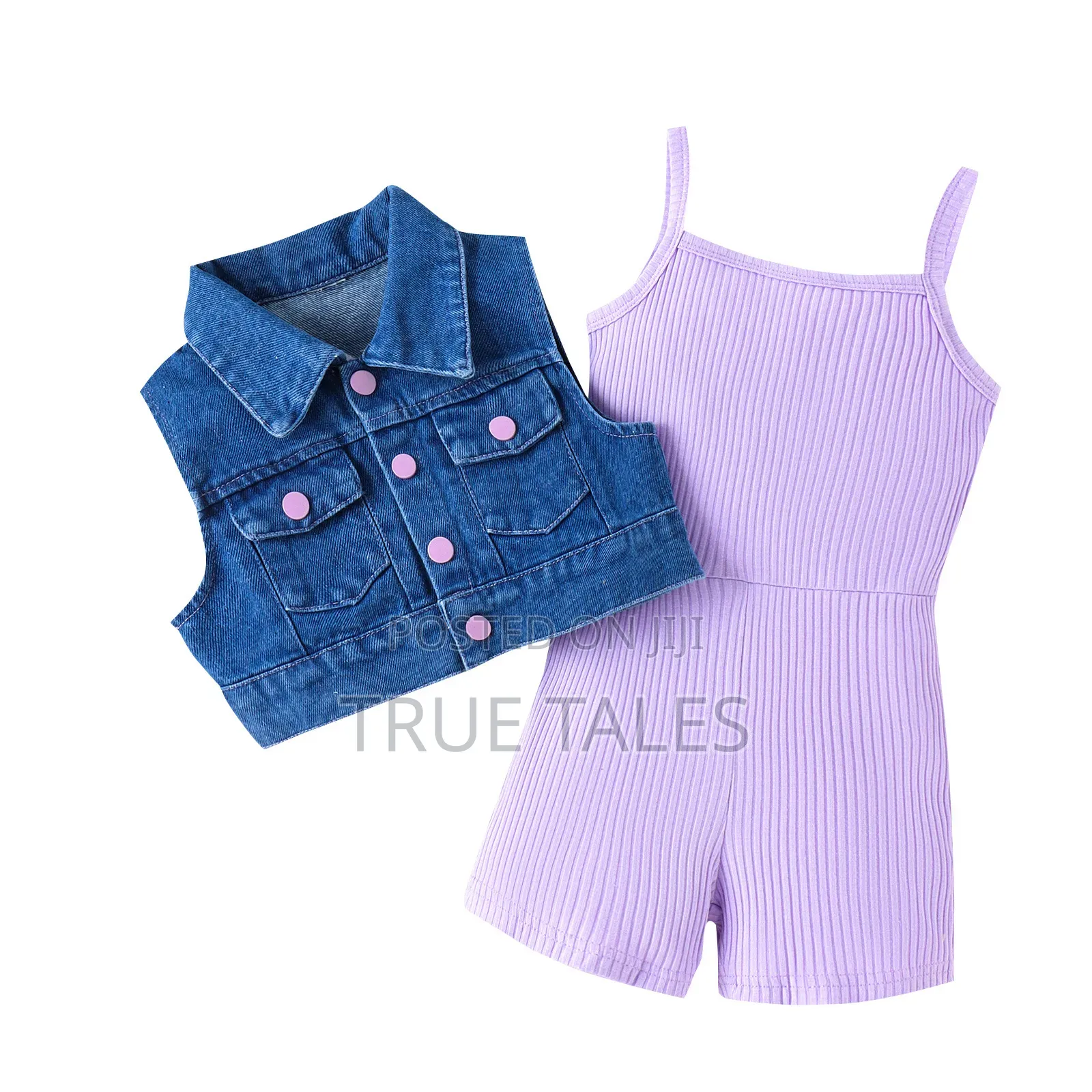 Girl's Turkey Colourful Short Dungarees And Jeans Jacket Set