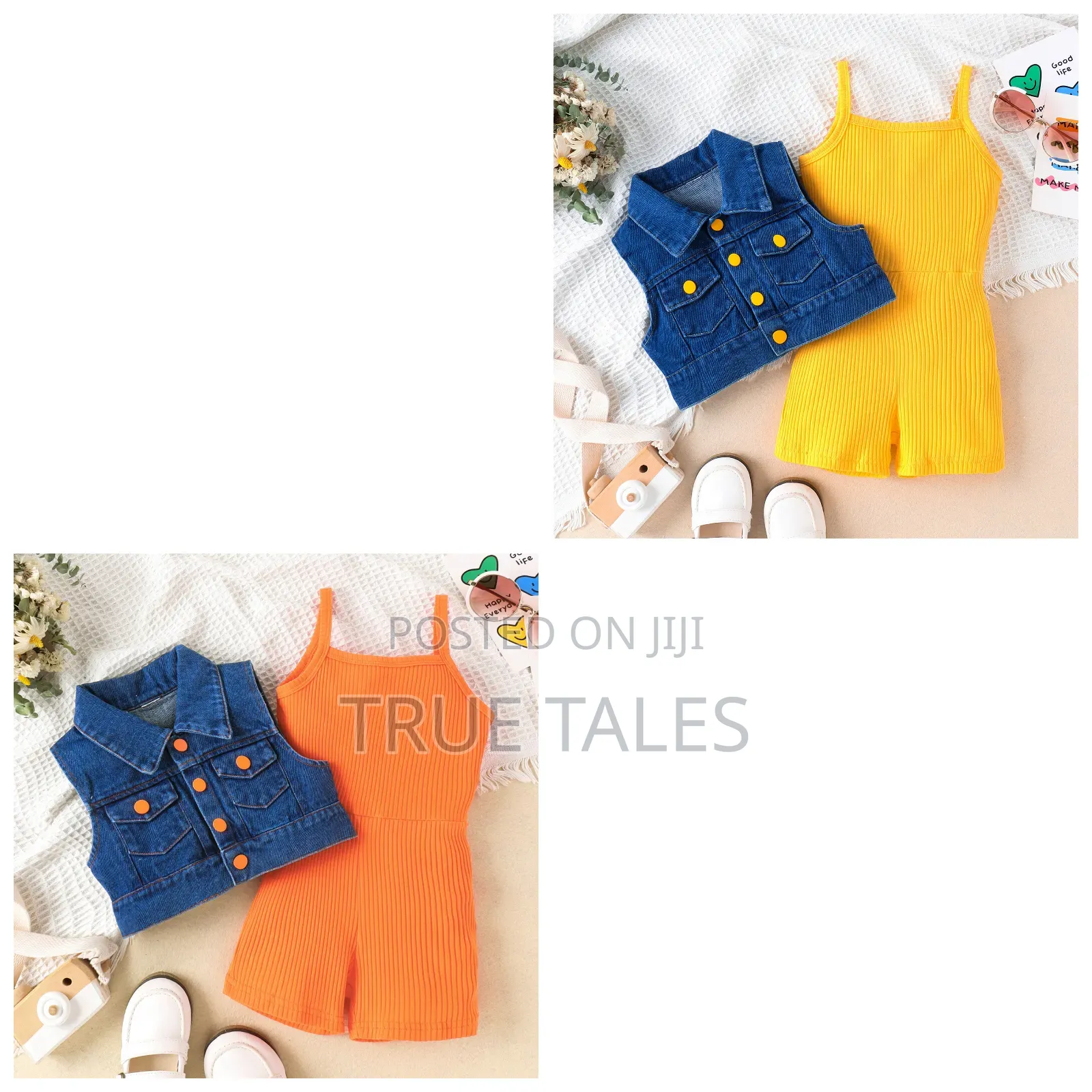 Girl's Turkey Colourful Short Dungarees And Jeans Jacket Set