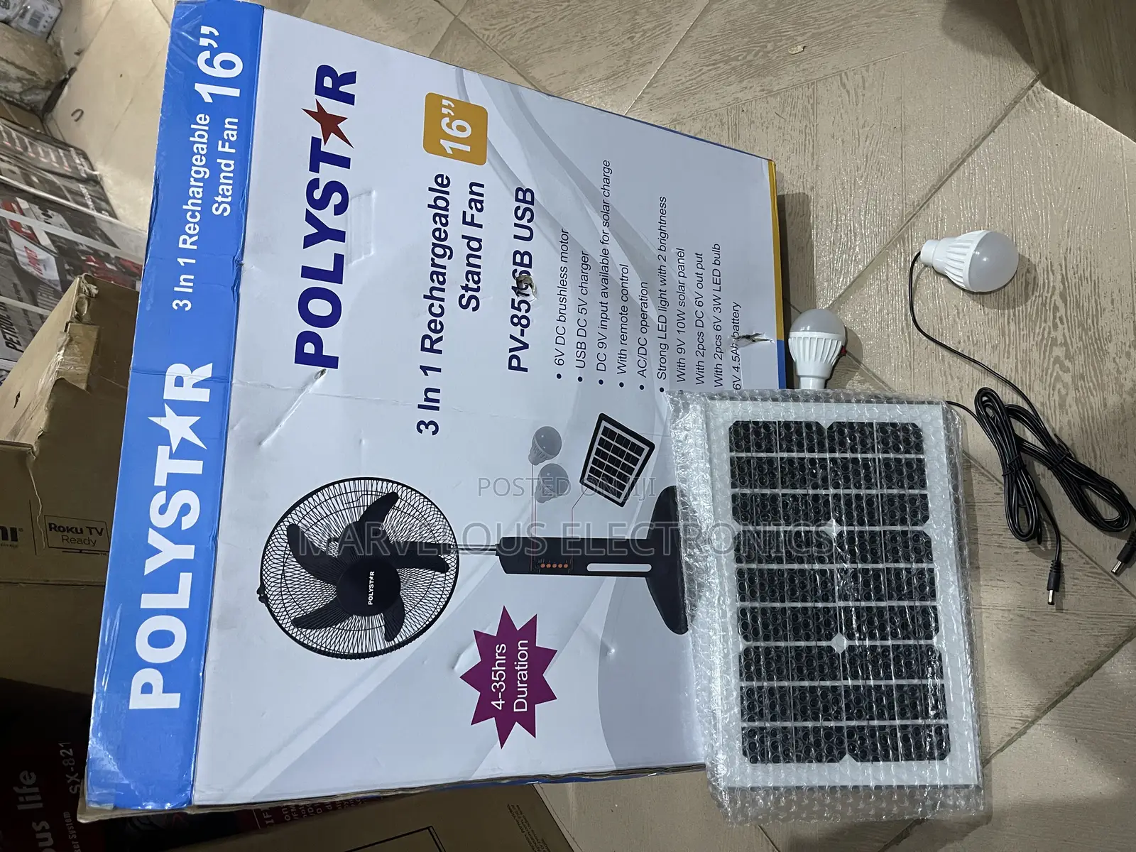 Brand New Polystar 16inch Full Solar Rechargeable Fan.