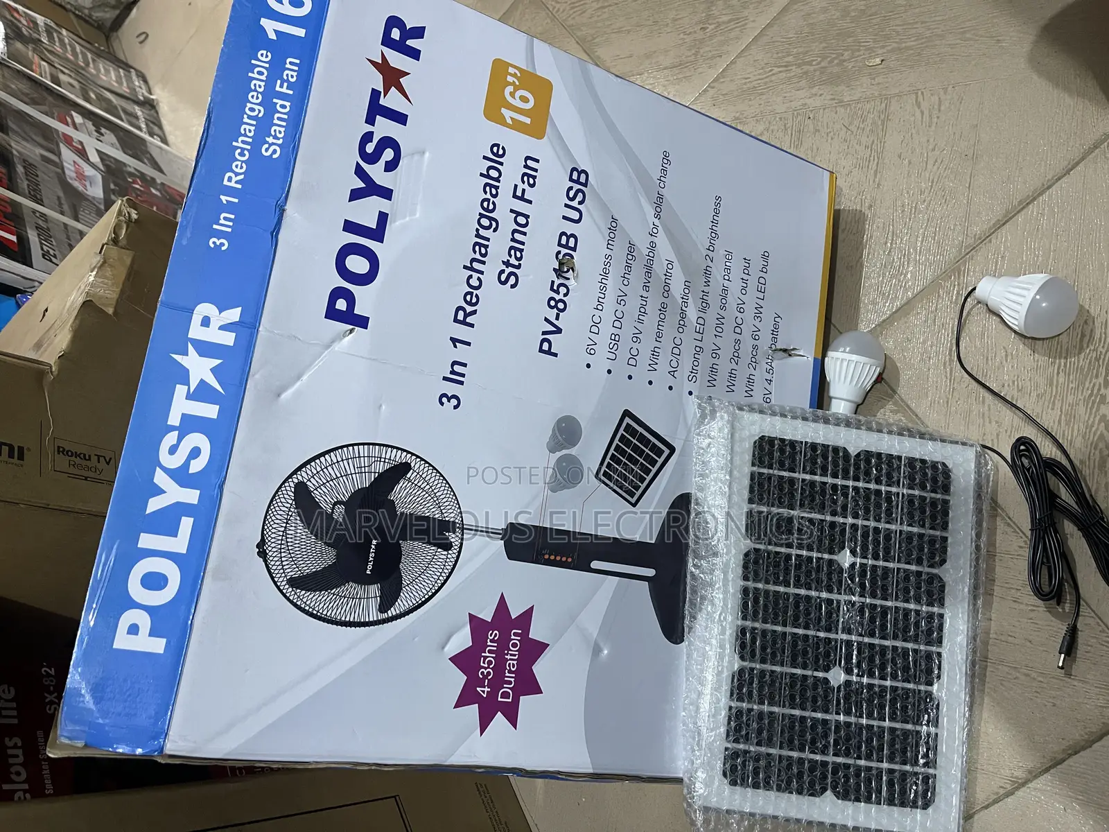 Brand New Polystar 16inch Full Solar Rechargeable Fan.
