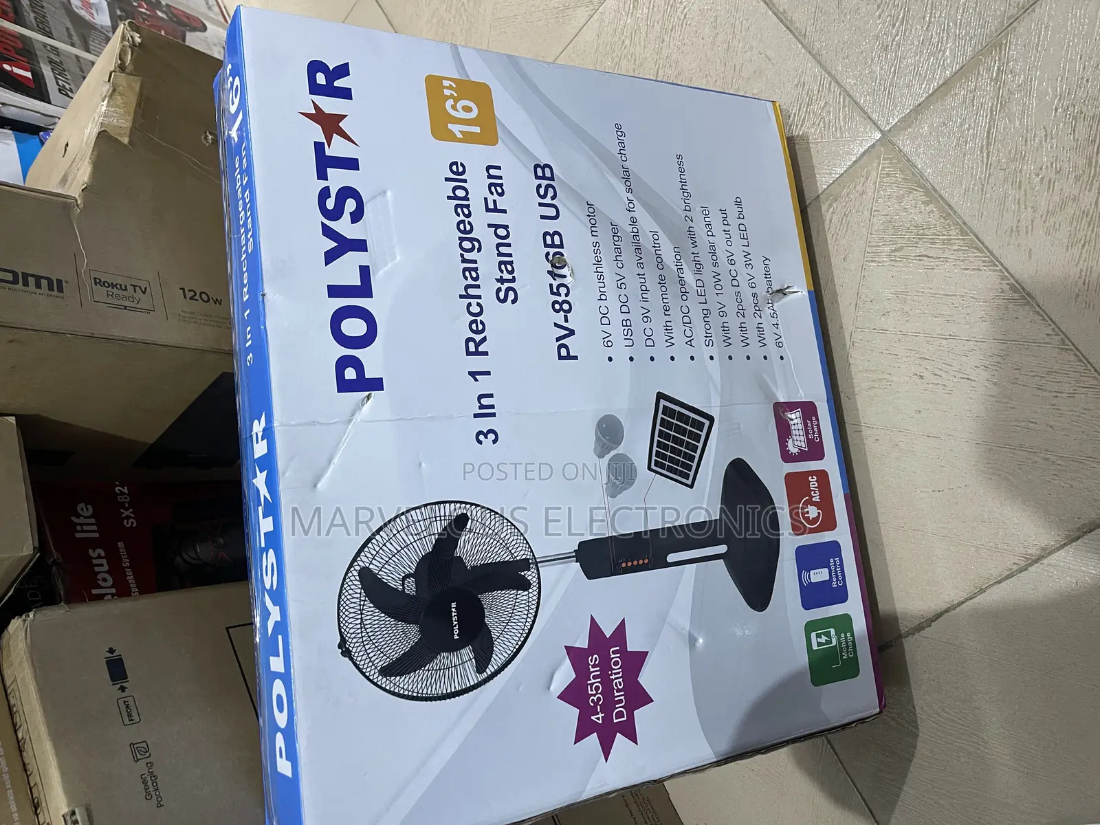 Brand New Polystar 16inch Full Solar Rechargeable Fan.
